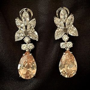 Diamond simulant pear shaped drop earrings in silver